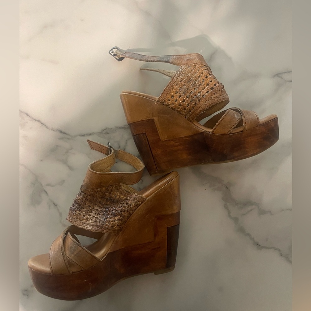 Bed Stu Tan Brown Wedge Sandals with Distressed Leather